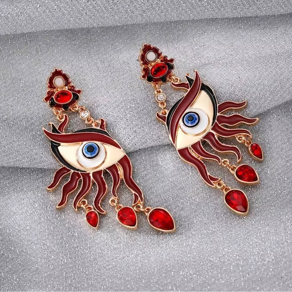 Surreal Evil Eye Art Earrings — Red & Gold Statement Drops - Picture 4 of 6